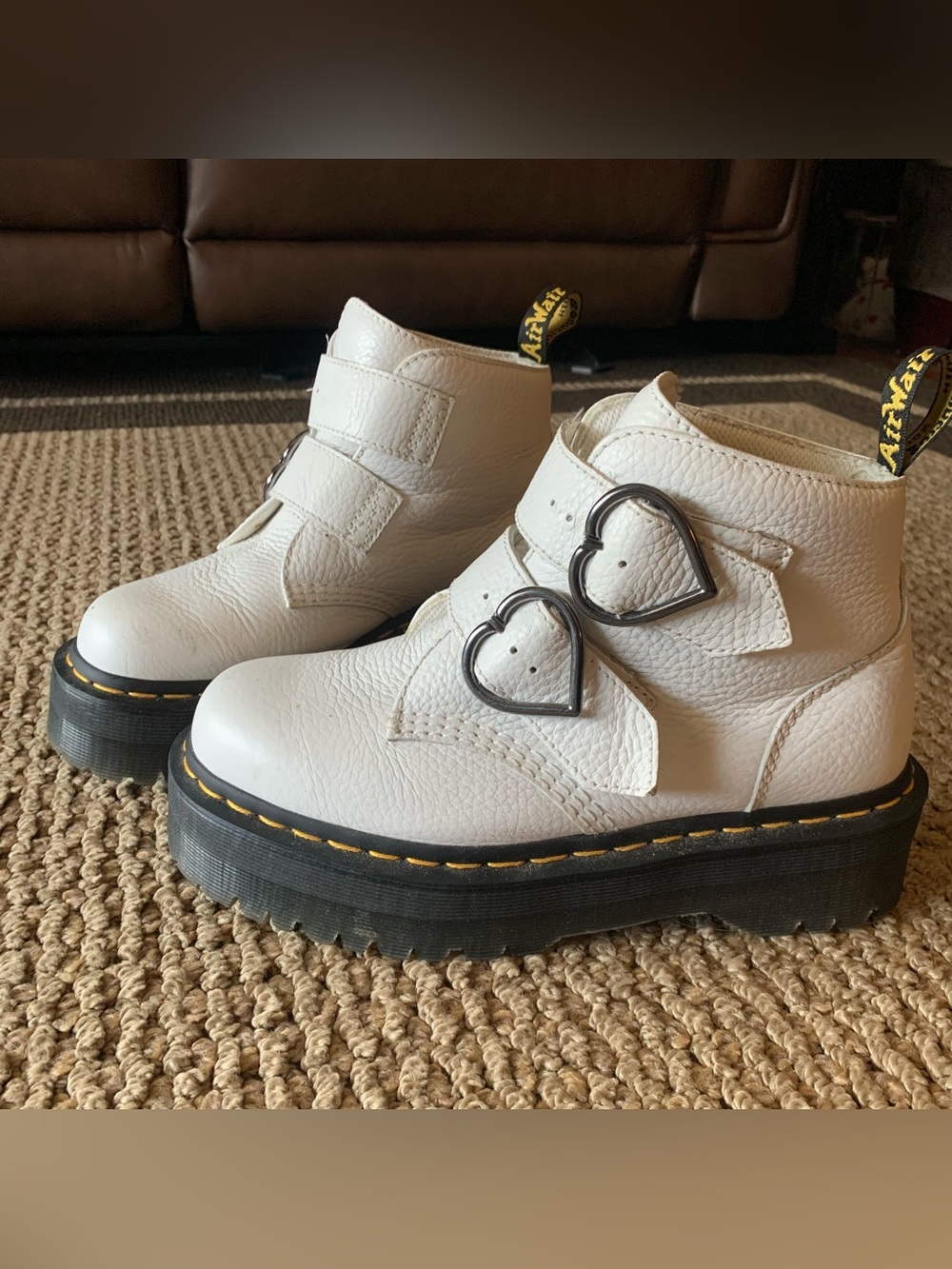 Dr. Martens White Leather Heart-Buckle Devon Heart platform boots